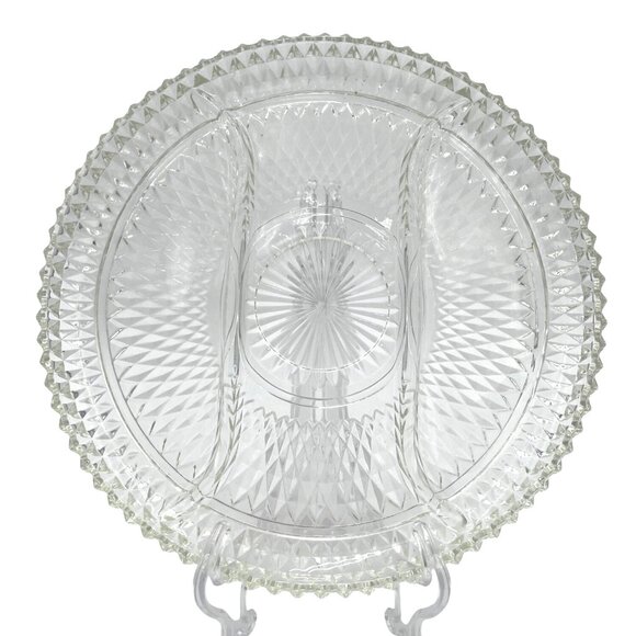 Vintage Clear Glass Divided Serving Tray With Intricate Diamond Cut Pattern & Sc - Picture 4 of 4